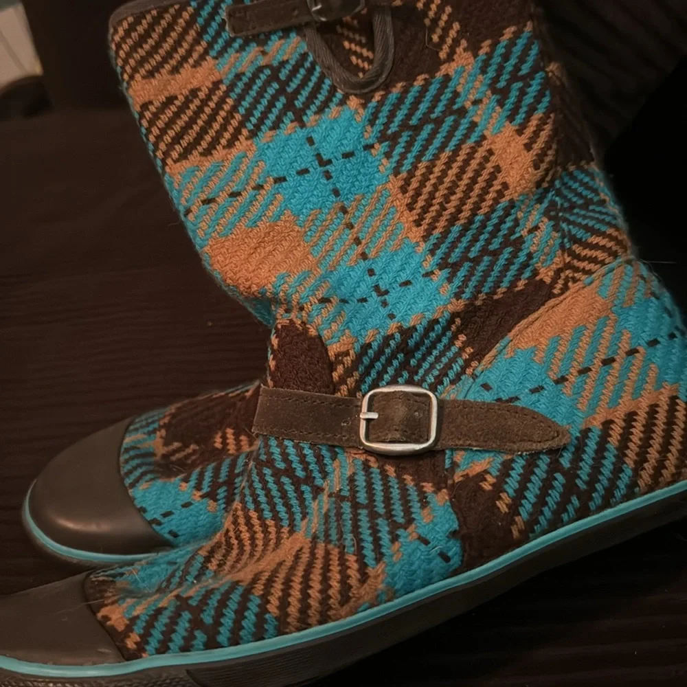 Turquoise brown plaid rain boots by sugar size 10